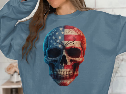 Patriotic Skull Graphic Crewneck Long Sleeve Shirt product
