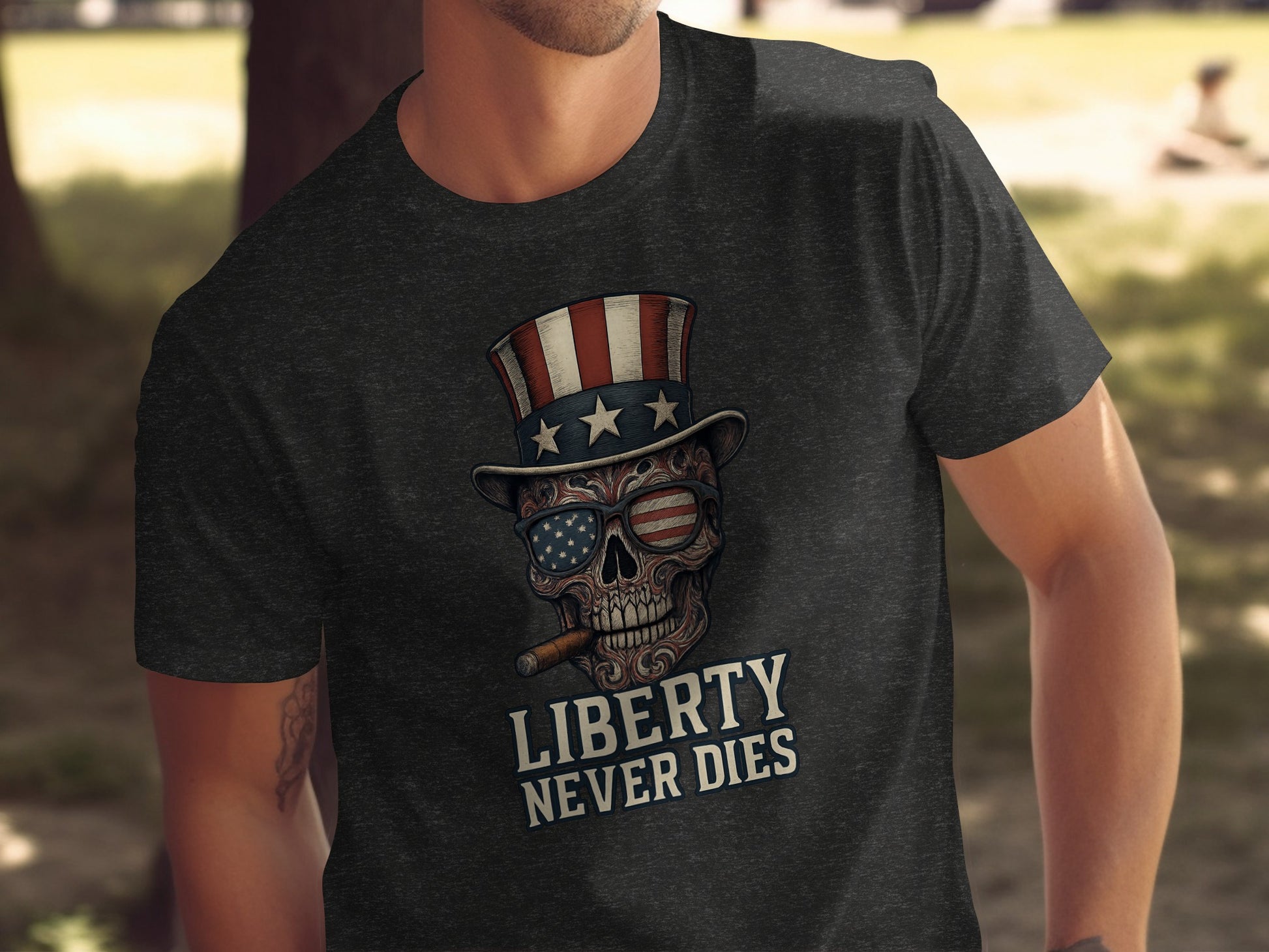 Liberty Never Dies Skull USA Flag Patriotic T-shirt