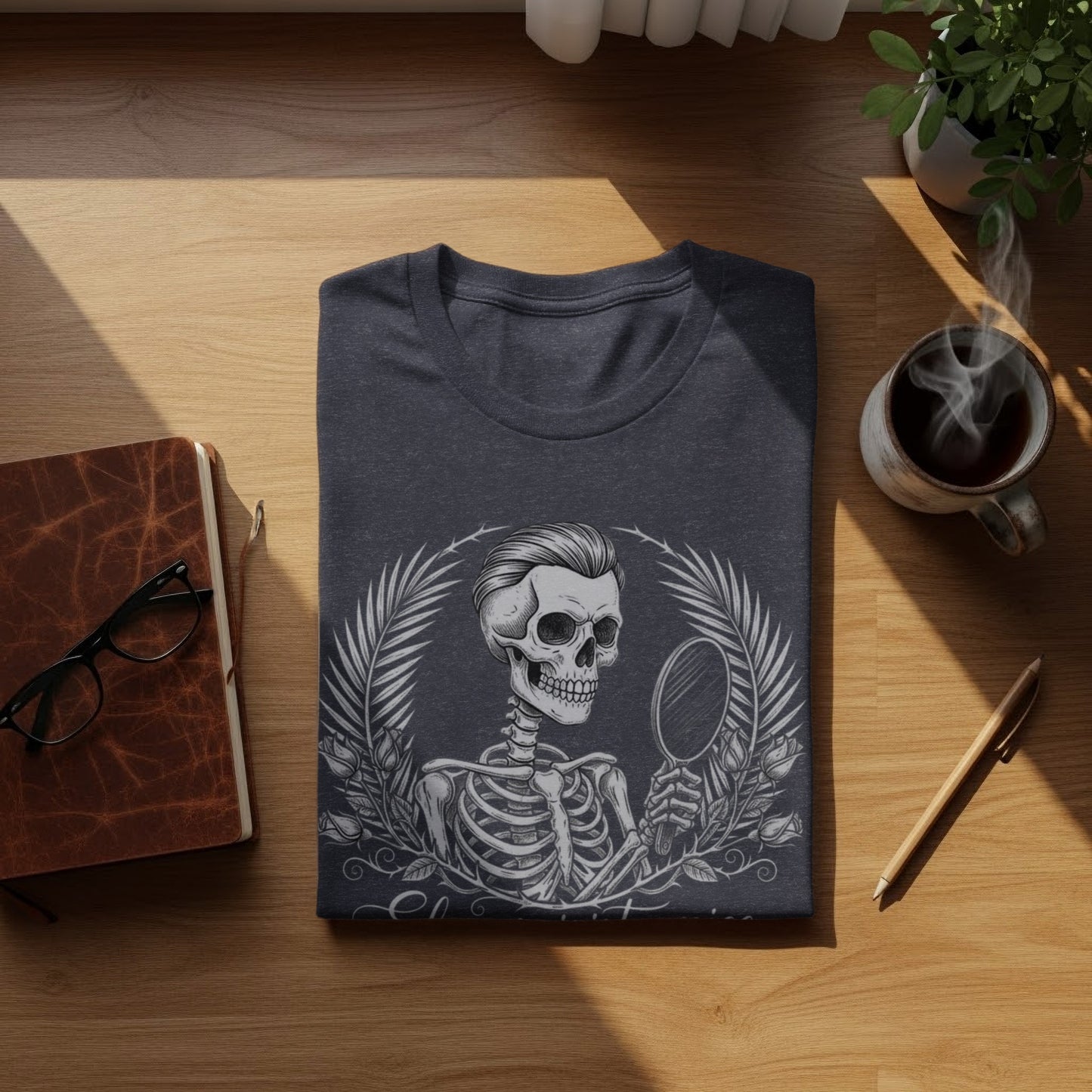 Skeleton Holding Mirror Graphic Dark T-Shirt Product