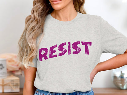 Resist Graphic Tee with Bold Purple Lettering