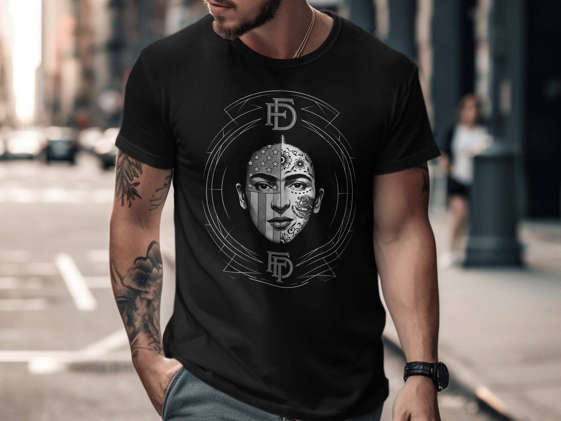 Black t-shirt with a graphic design of a face with tribal tattoos.
