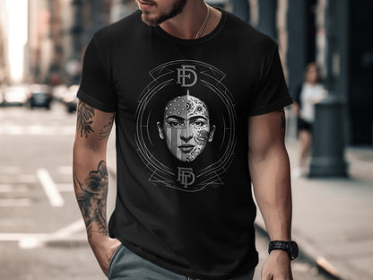Black t-shirt with a graphic design of a face with tribal tattoos.