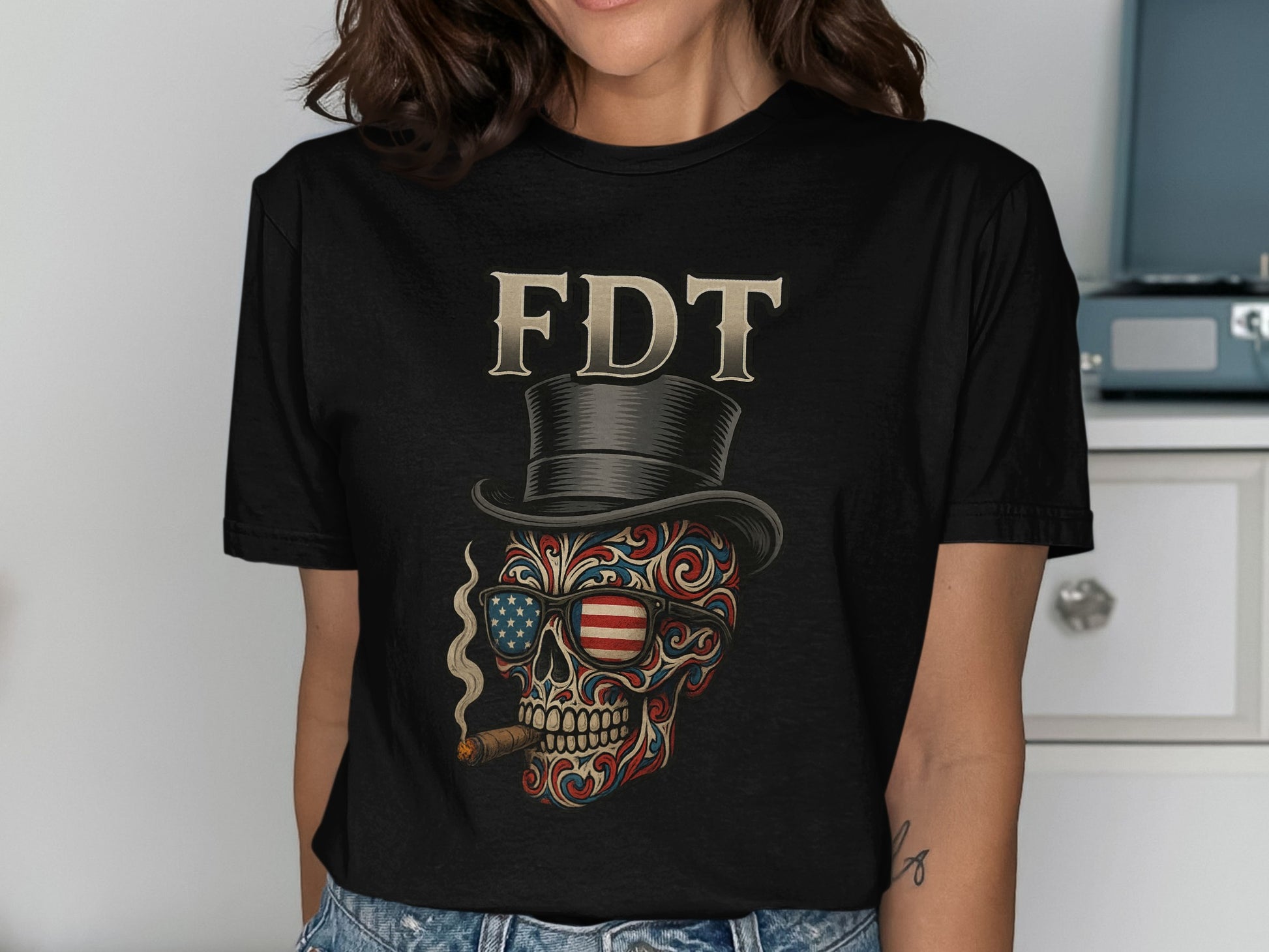 Artistic Skull with Top Hat and Sunglasses T-shirt product