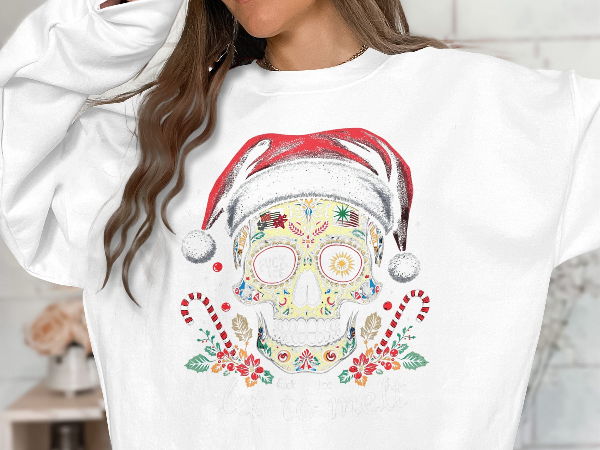 Festive Skull with Santa Hat and Candy Canes Sweatshirt