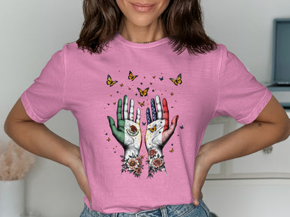 Vibrant Butterfly and Flag Hands Graphic T-Shirt product type