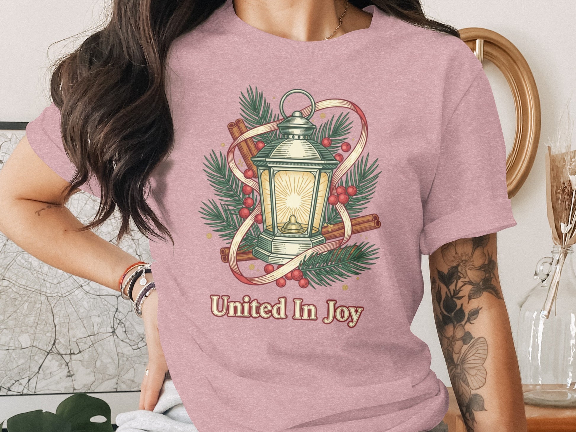 United In Joy Lantern with Pine Branches and Berries Shirt