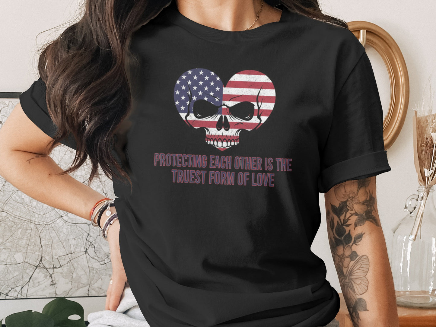 Patriotic Skull Graphic Protecting Each Other Tee
