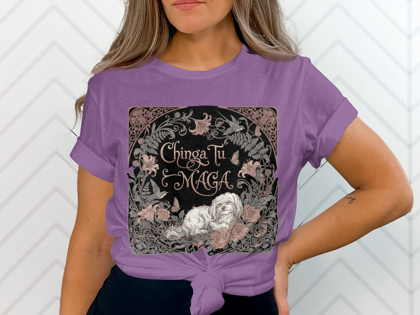 Chinga Tu Maga Graphic Tee with Elegant Floral Design