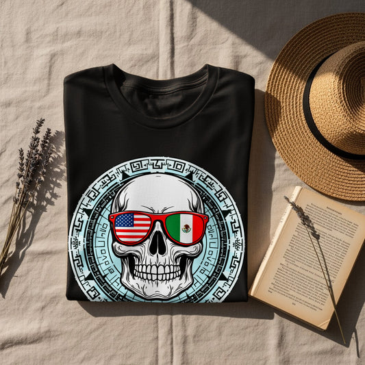 Skull with American and Mexican Flags Graphic T-Shirt product type