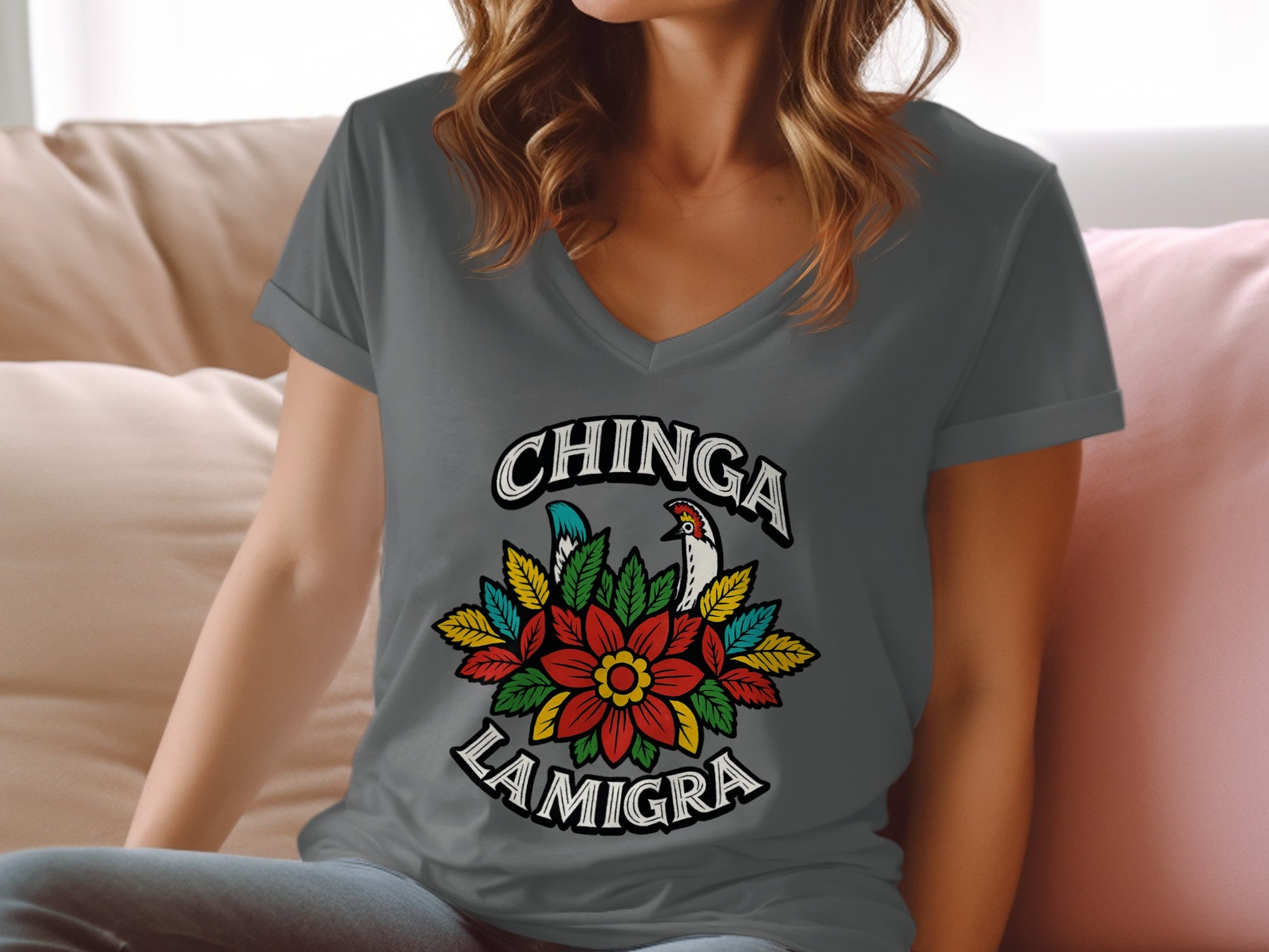 Chinga La Migra Colorful Graphic V-Neck T-shirt product