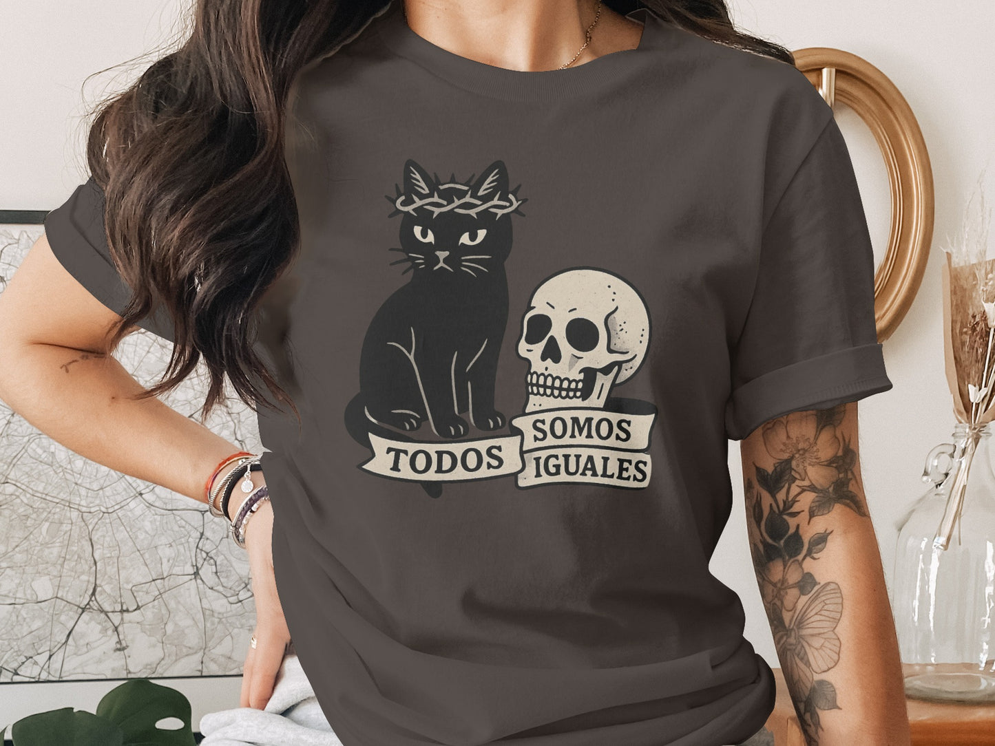 Todos Somos Iguales Cat and Skull Graphic T-shirt product
