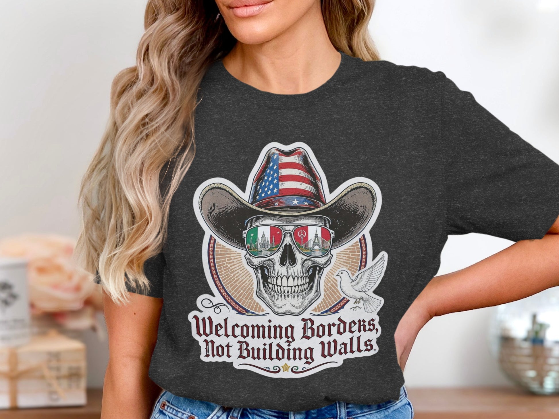 Welcoming Borders Not Building Walls Skull T-shirt product