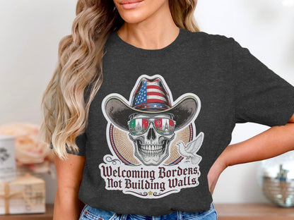Welcoming Borders Not Building Walls Skull T-shirt product