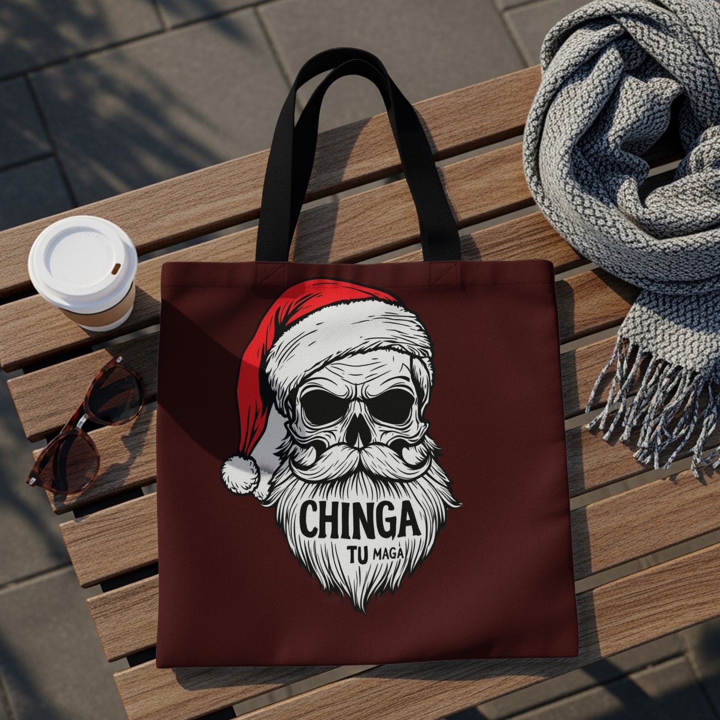 Festive Skull with Santa Hat Design Holiday Tote Bag