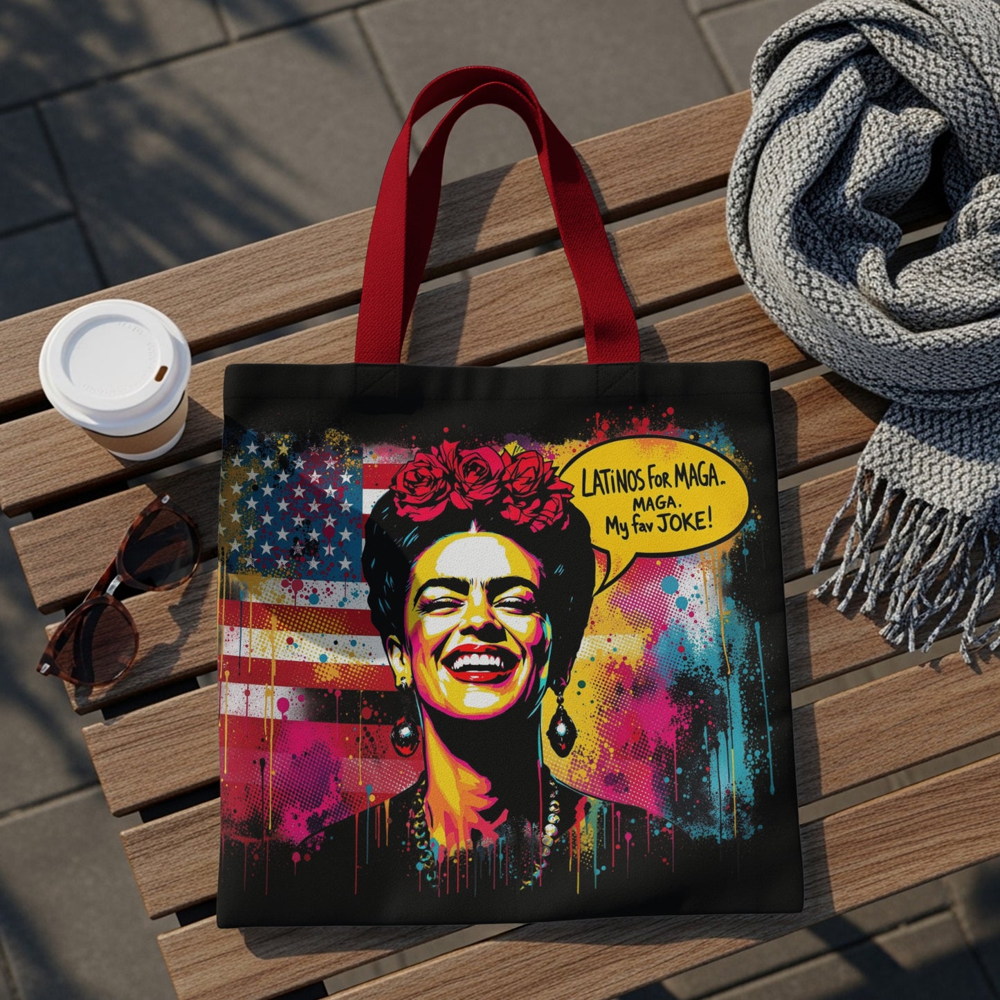 Tote bag with Frida Kahlo artwork and text "Latinos for MAGA. MAGA. My favorite joke!".