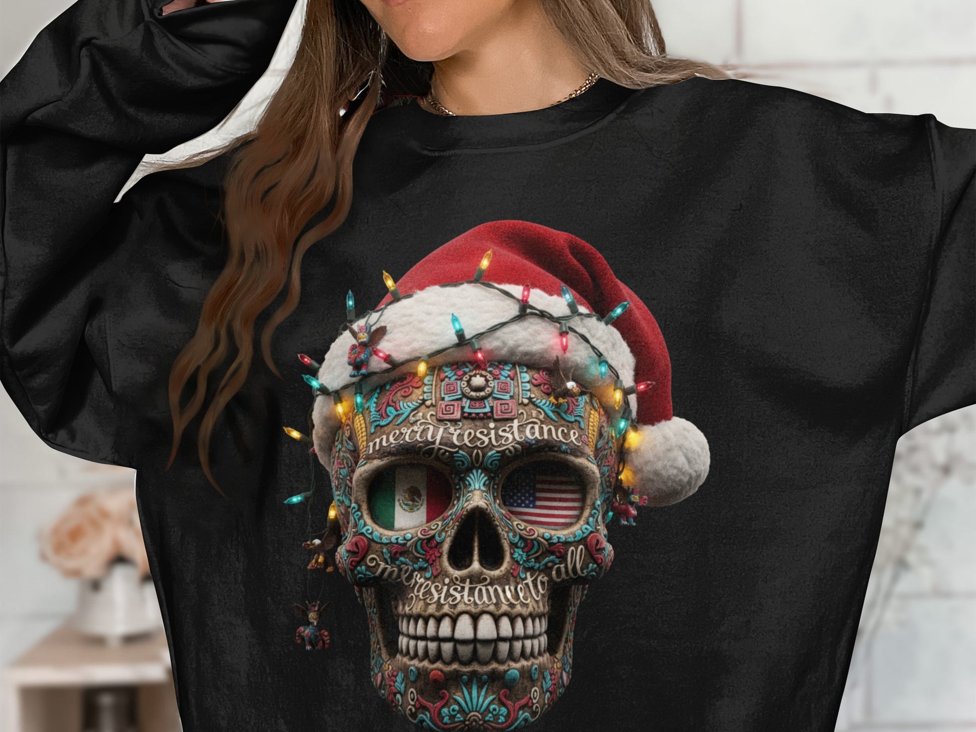 Festive Skull with Santa Hat Decorative Sweatshirt
