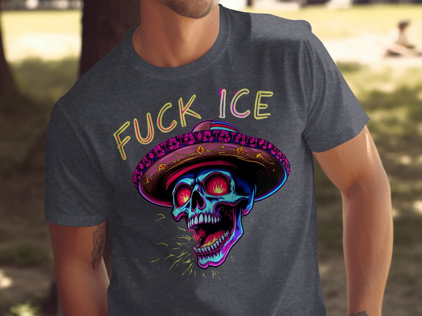 Colorful Skull with Hat and Text T-shirt product type