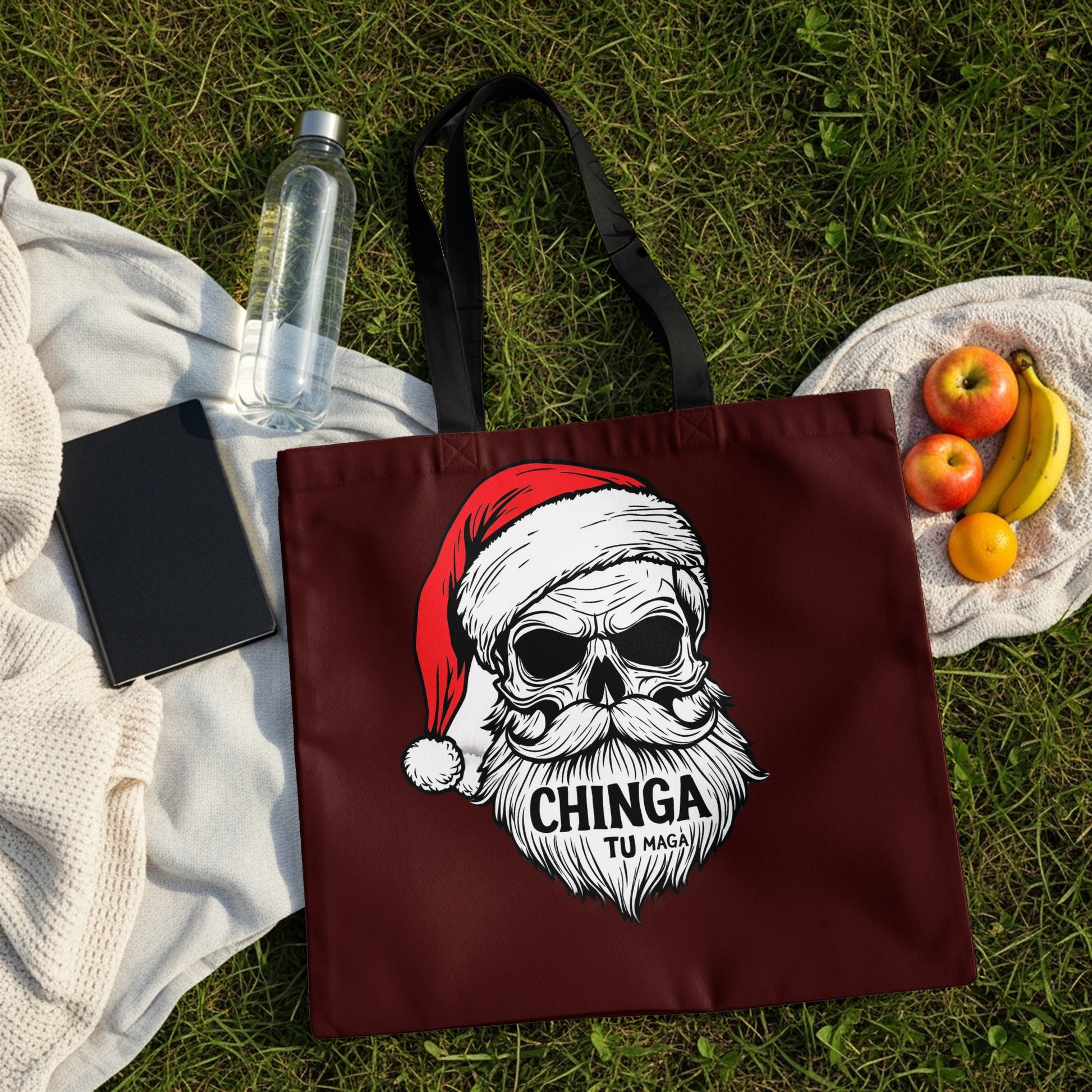Chinga Tu Maga Skull with Santa Hat Tote Bag