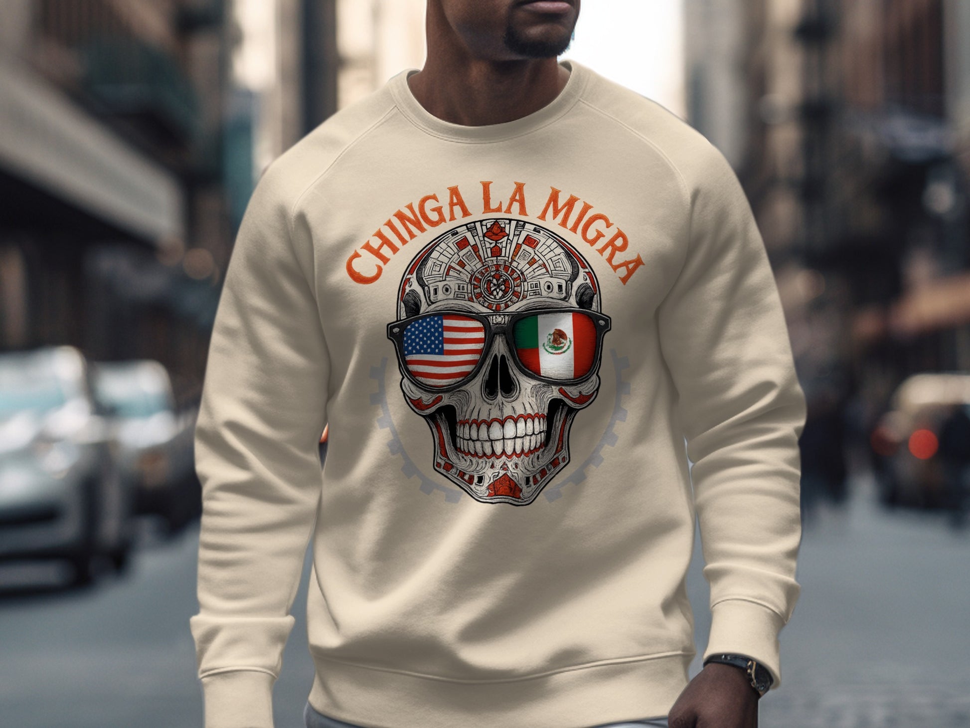 Chinga La Migra Skull Design with Flags Shirt