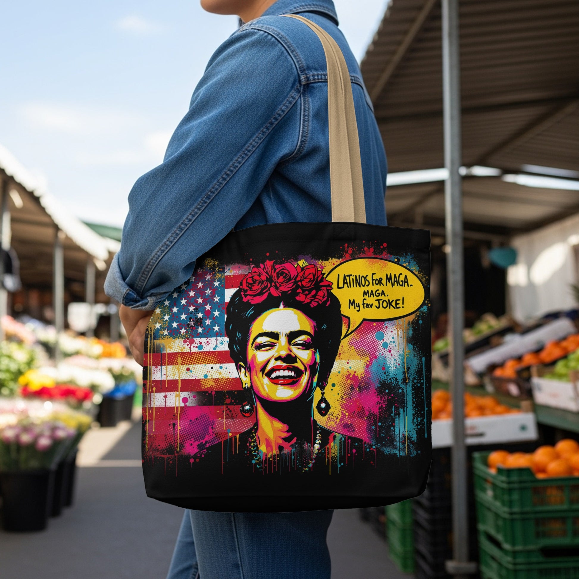 Tote bag featuring Frida Kahlo with American flag and "Latinos for MAGA" speech bubble.