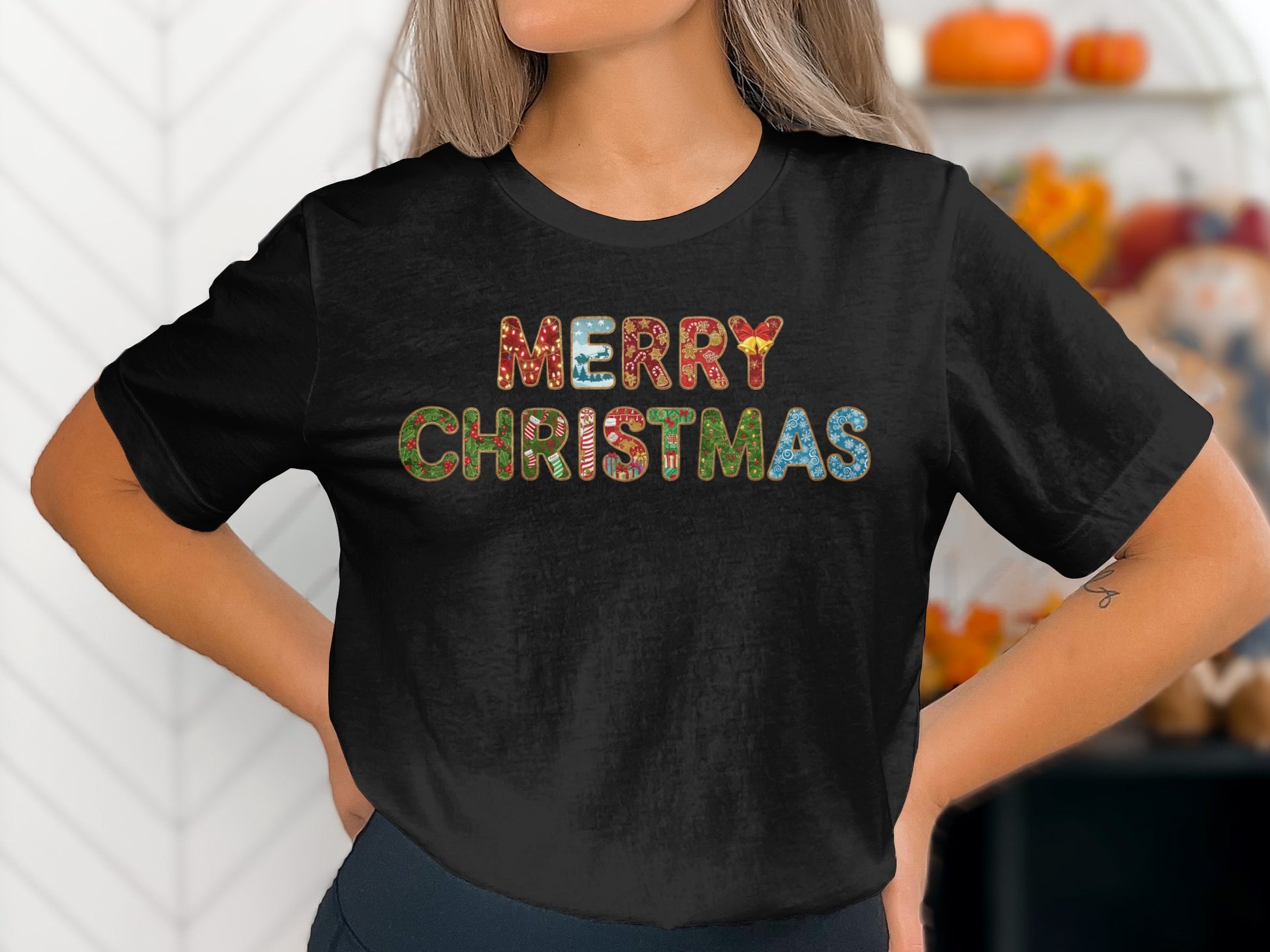 Festive Black Shirt with Merry Christmas Graphics