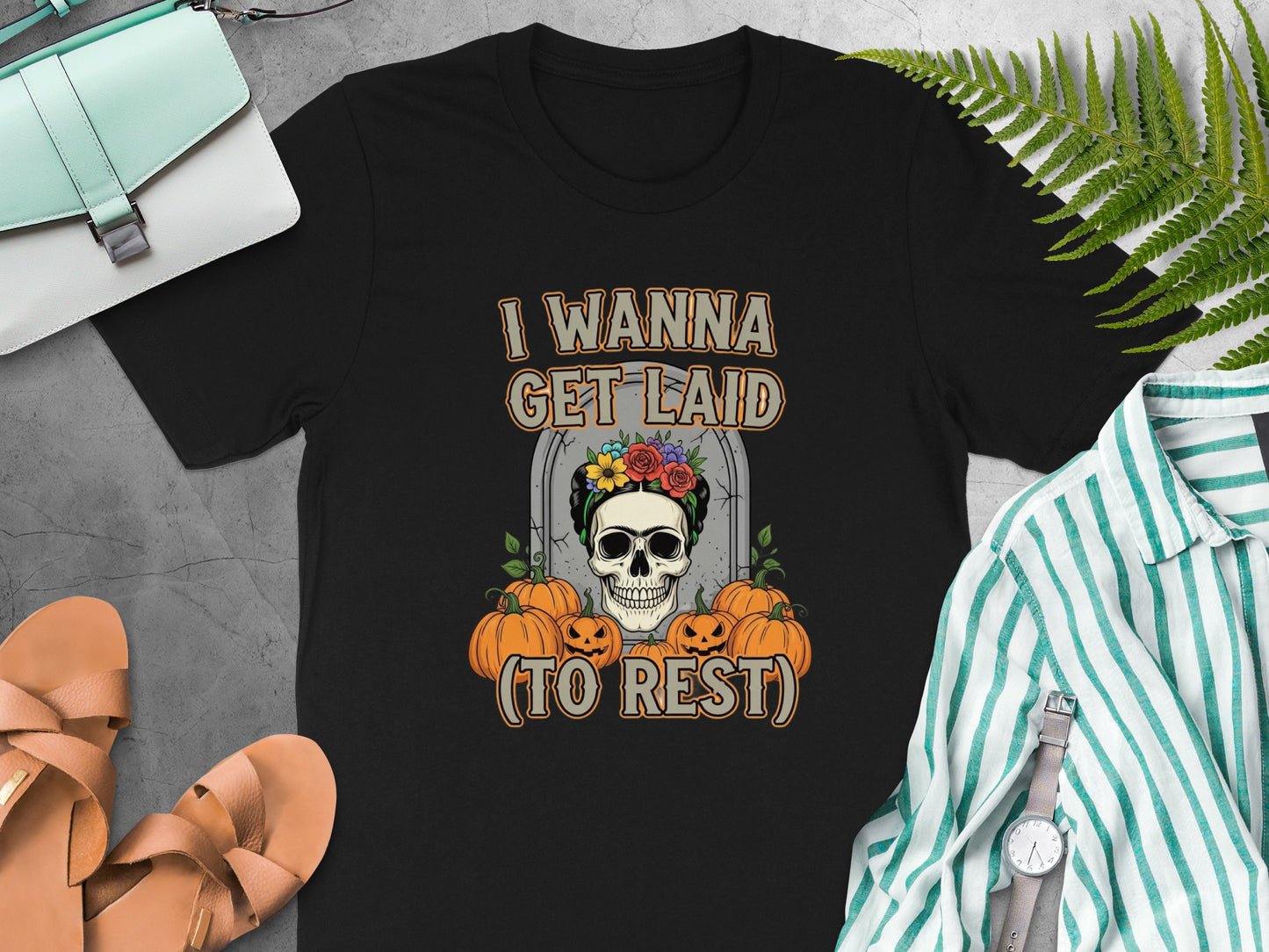 I Wanna Get Laid To Rest Skull Pumpkins Black T-shirt product
