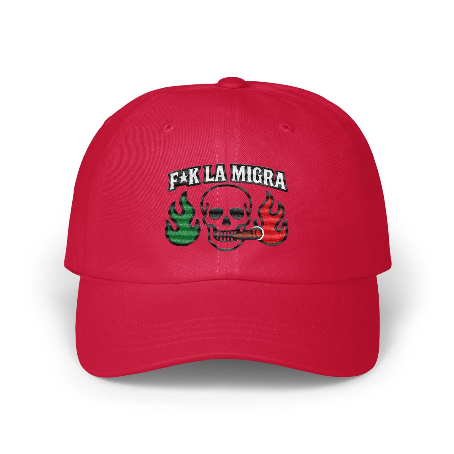 F*K LA MIGRA Red Hat Skull with Flames Embroidered Cap product type