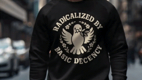 A person wearing a black shirt with a white graphic design on it, which appears to be a political statement or protest message.
