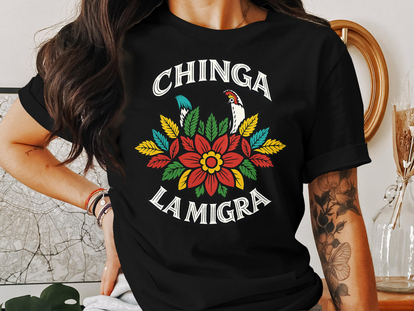 Chinga La Migra Colorful Floral Design Shirt product