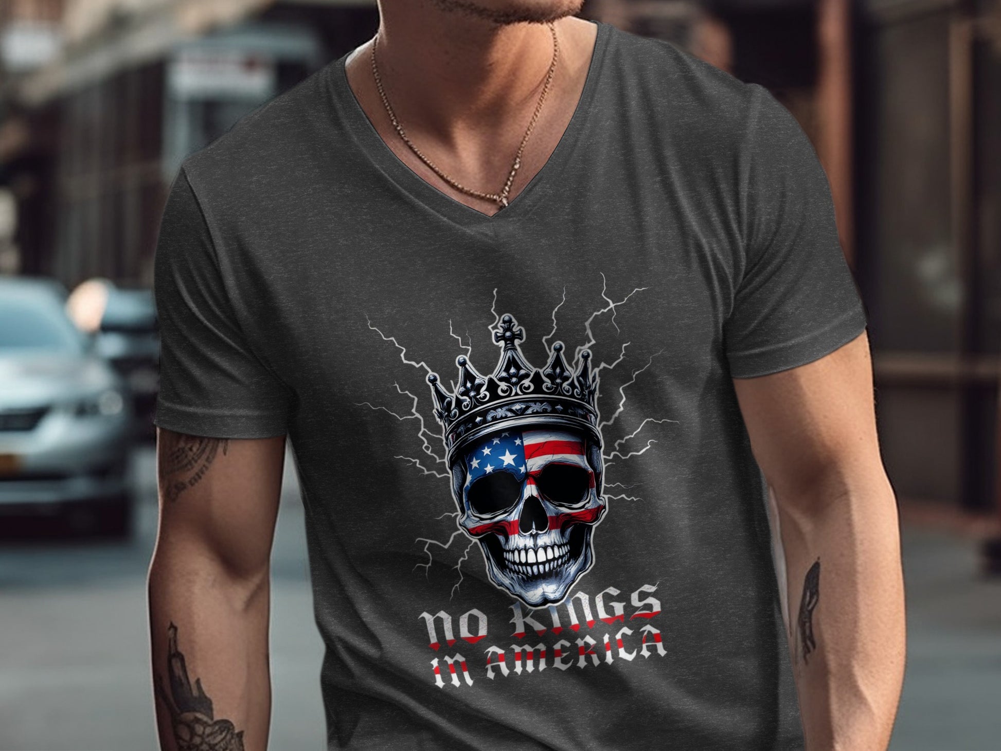 No Kings In America Skull Graphic V-Neck Shirt