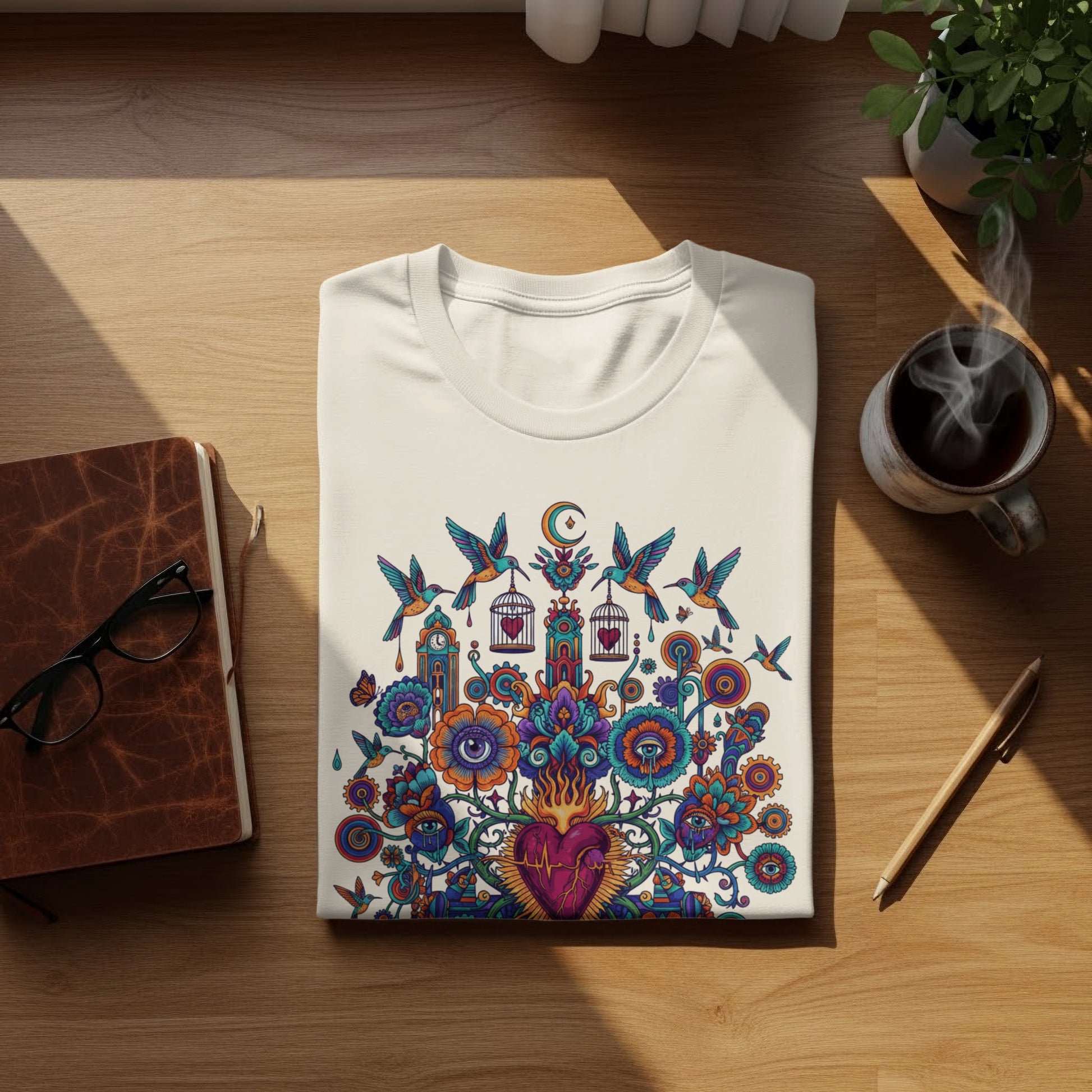 Vibrant Sacred Heart Hummingbirds Floral Psychedelic Folk Art product type