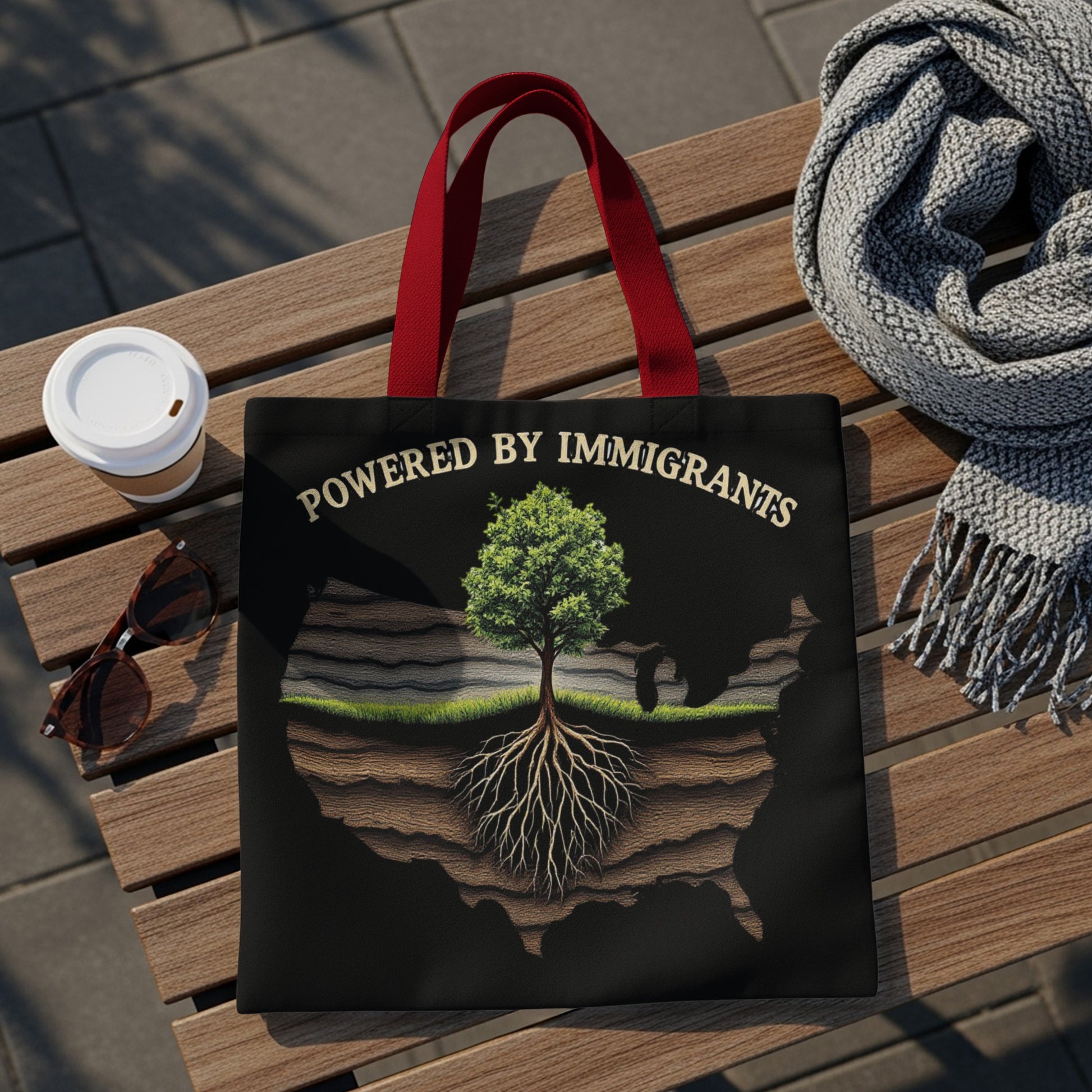 Black tote bag with "POWERED BY IMMIGRANTS" and tree with roots on map graphic.