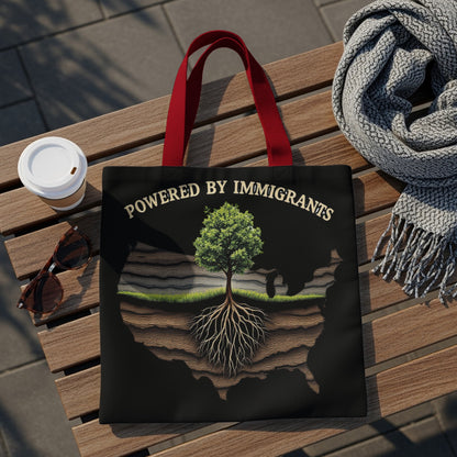 Black tote bag with "POWERED BY IMMIGRANTS" and tree with roots on map graphic.