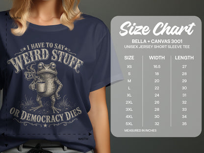 T-shirt size chart for Bella + Canvas 3001 unisex short sleeve tee.