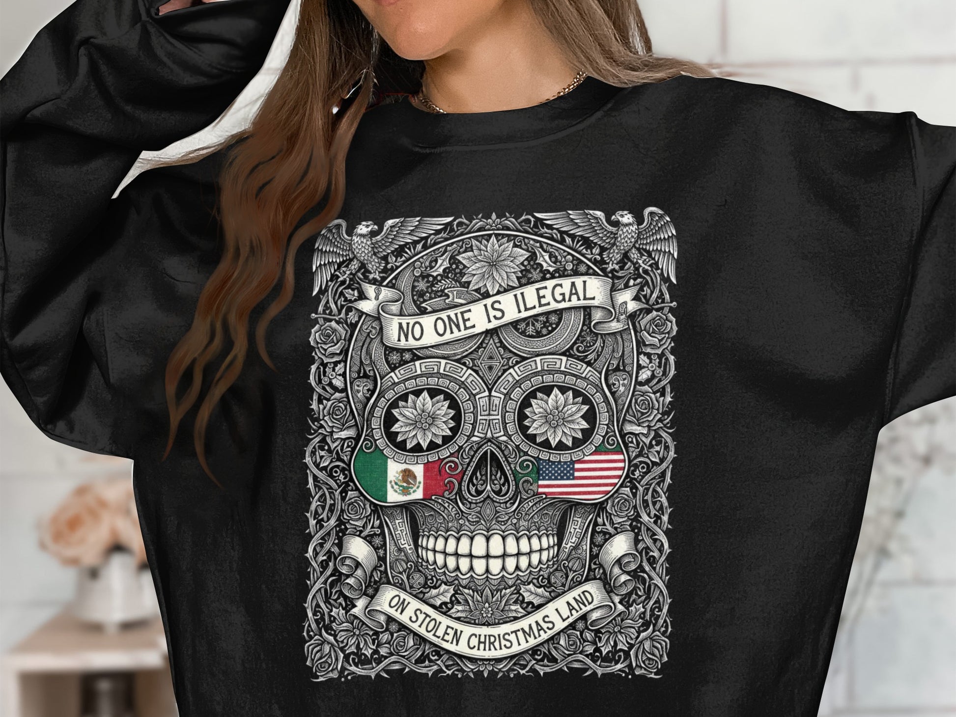 No One Is Illegal Skull Design Stolen Christmas Land