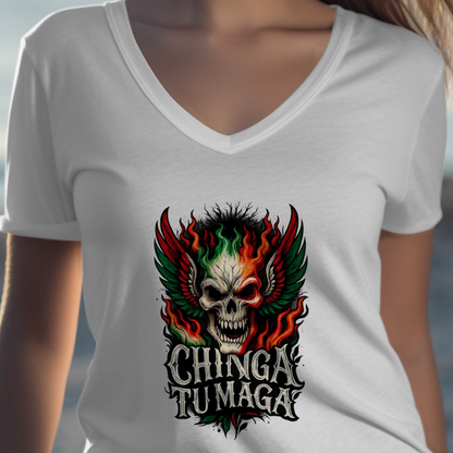 Skull with Fiery Wings Chinga Tu Maga T-Shirt product