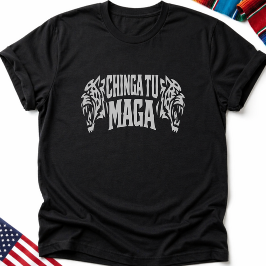 Black t-shirt with white "CHINGA TU MAGA" text and jaguar heads.