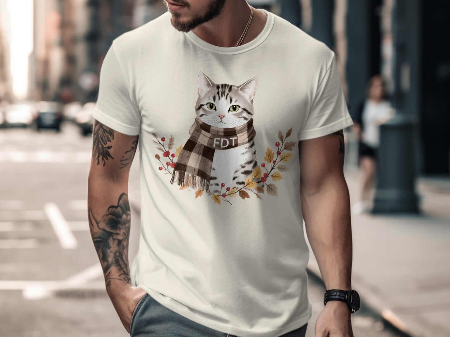 Cute Cat with Scarf Autumn Design T-shirt