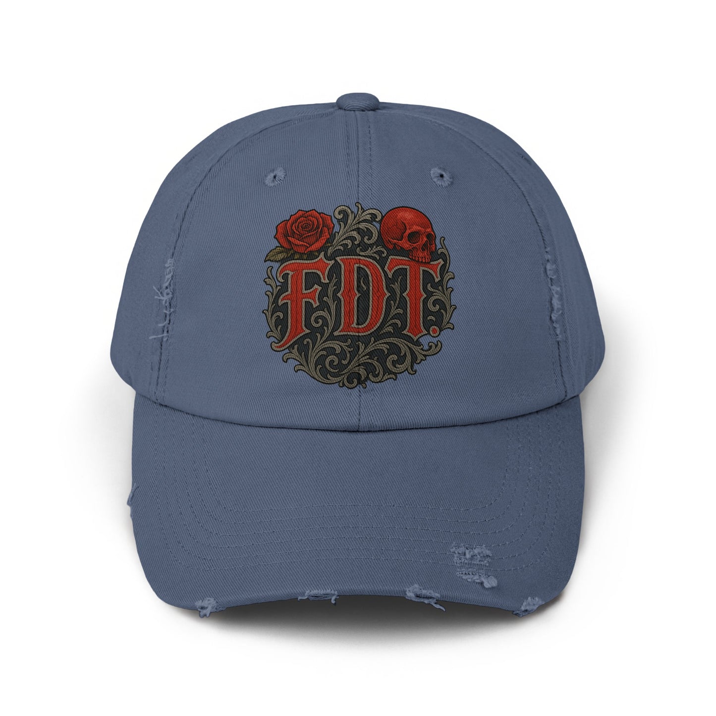 Skull and Roses Distressed Dark Blue Hat product