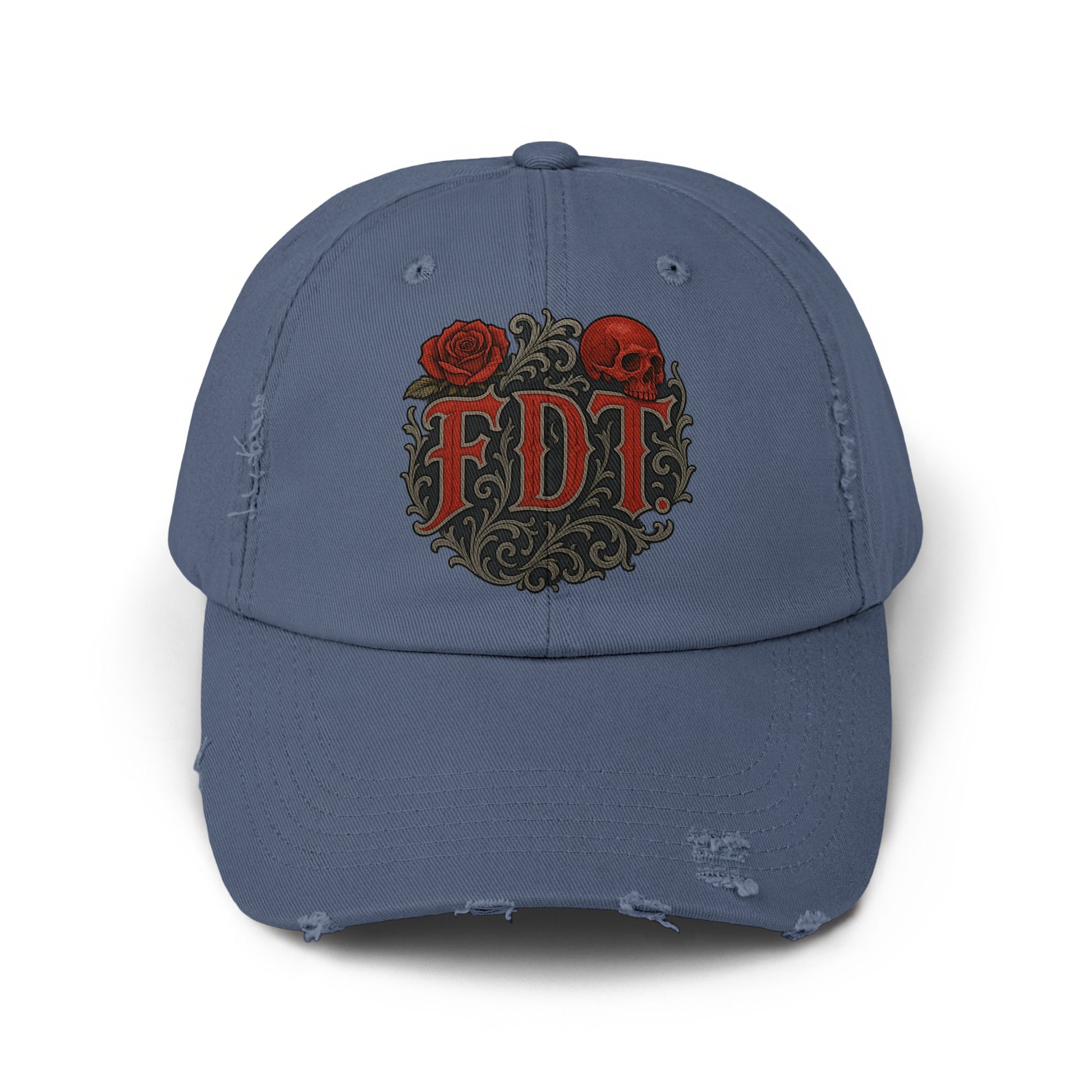 Skull and Roses Distressed Dark Blue Hat product