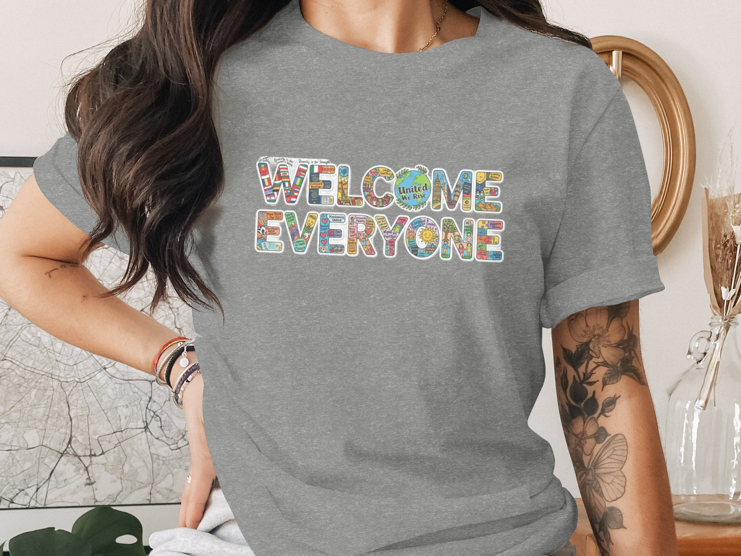 Welcome Everyone Colorful Graphic Grey Shirt