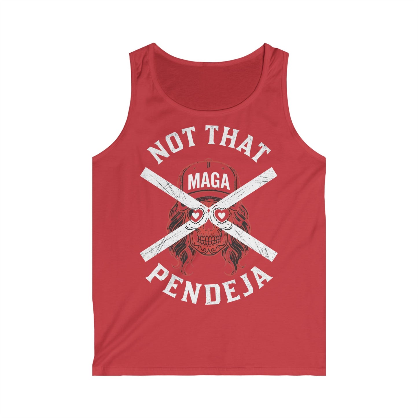 Red tank top with "Not That MAGA Pendeja" and skull graphic.
