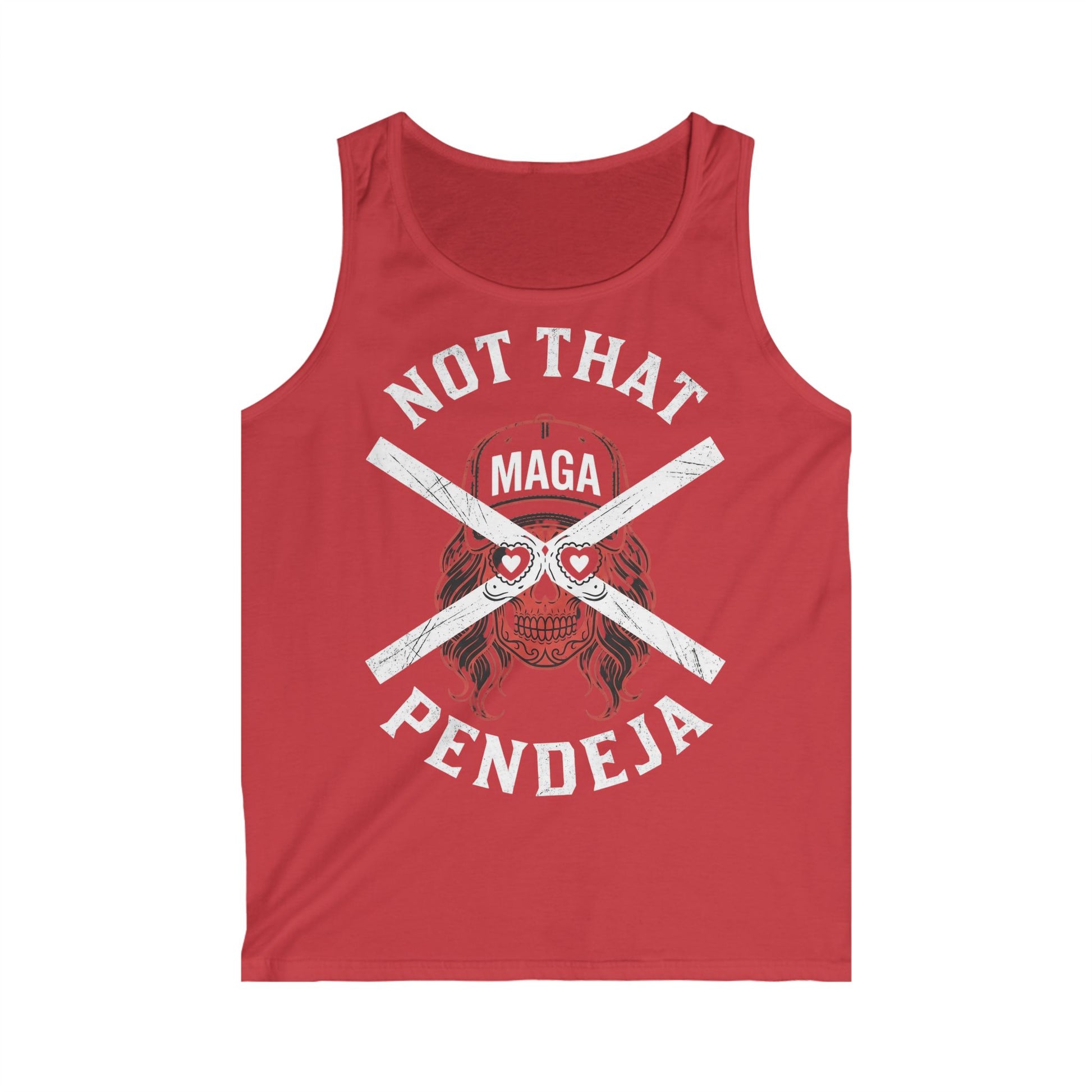 Red tank top with "Not That MAGA Pendeja" and skull graphic.