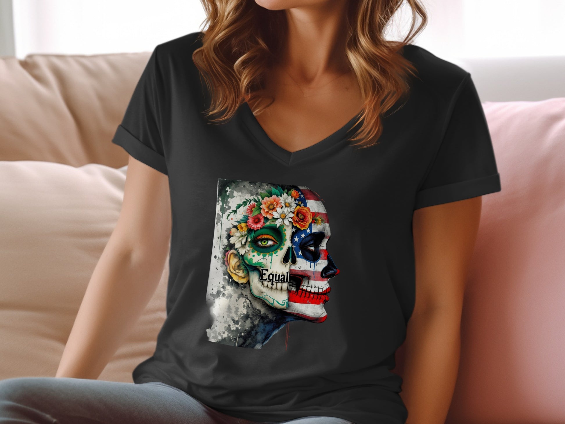 Vibrant Skull and Flowers Design on Black Product Type