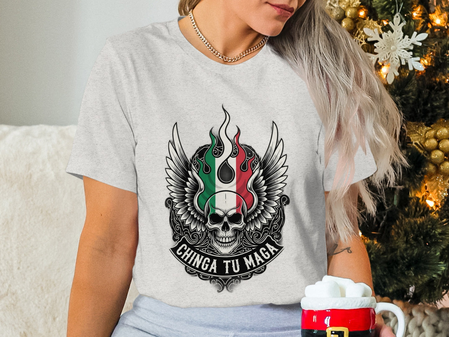 Chinga Tu Maga Skull Wings Design T-shirt