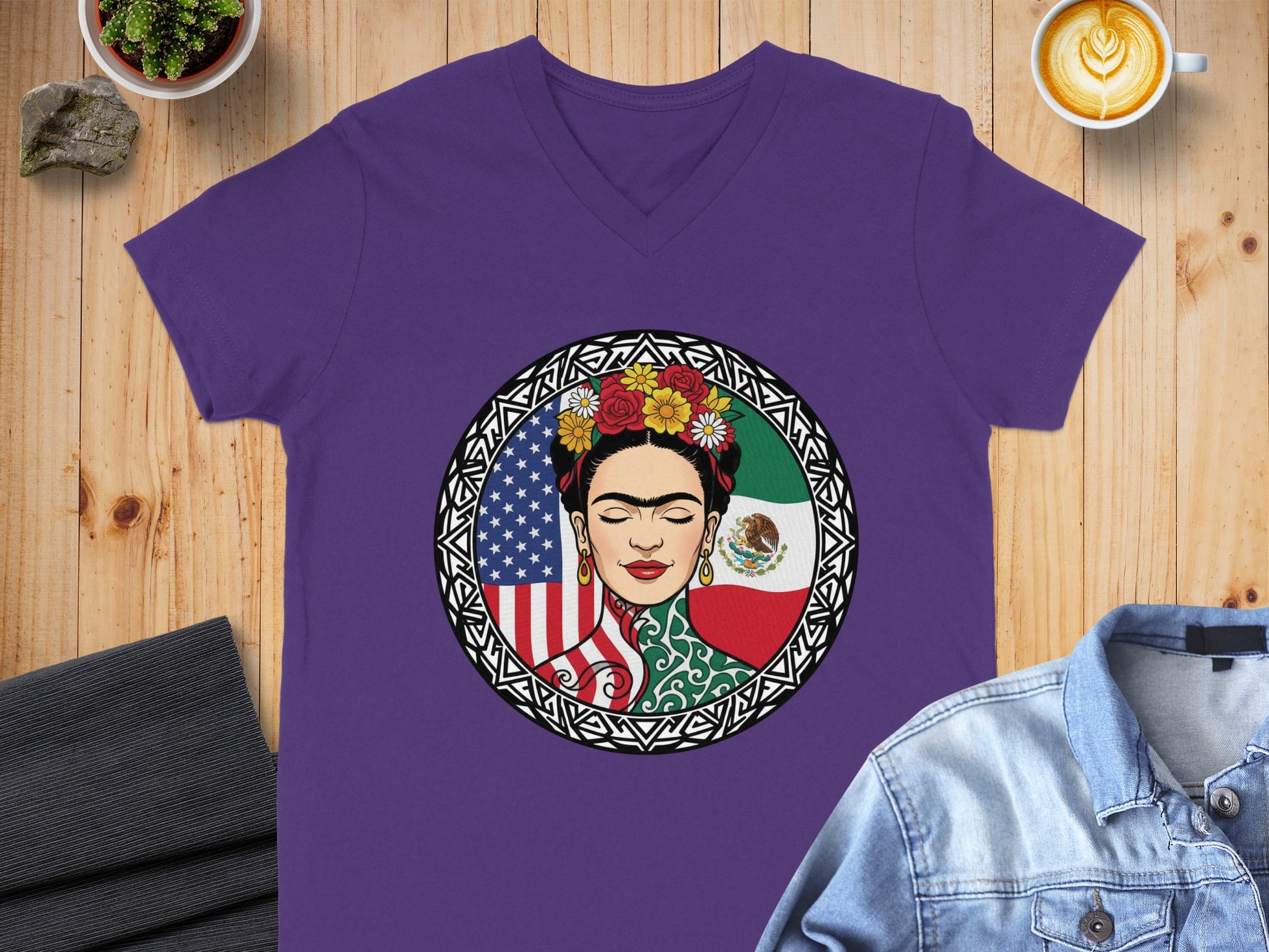 Vibrant Frida Kahlo Art T-shirt with Flag Design