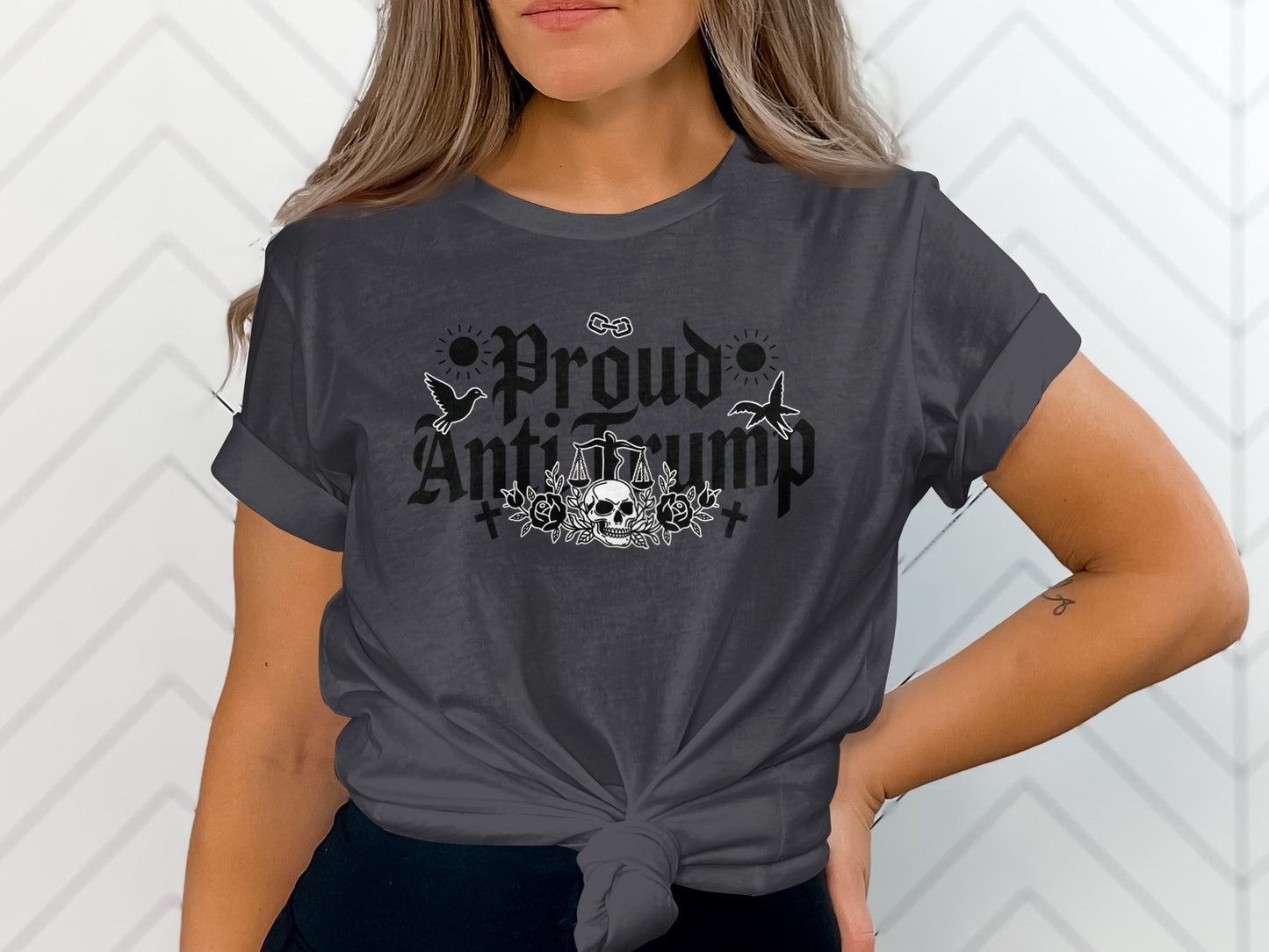 Proud Anti-Trump Skull and Flowers Graphic Shirt