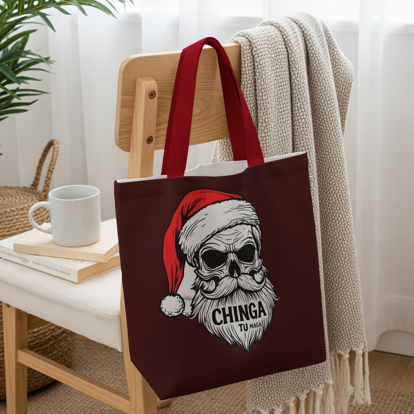 Santa Skull with Mustache Design Funny Holiday Tote Bags