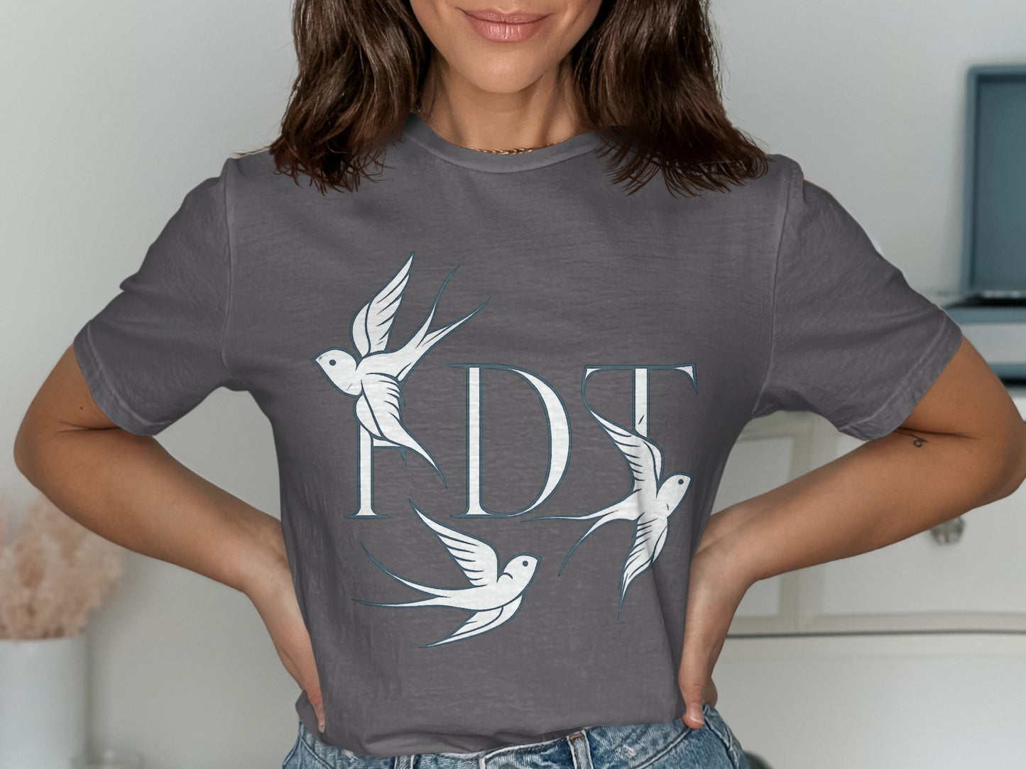 Swallow Bird Print Gray Casual Top product type