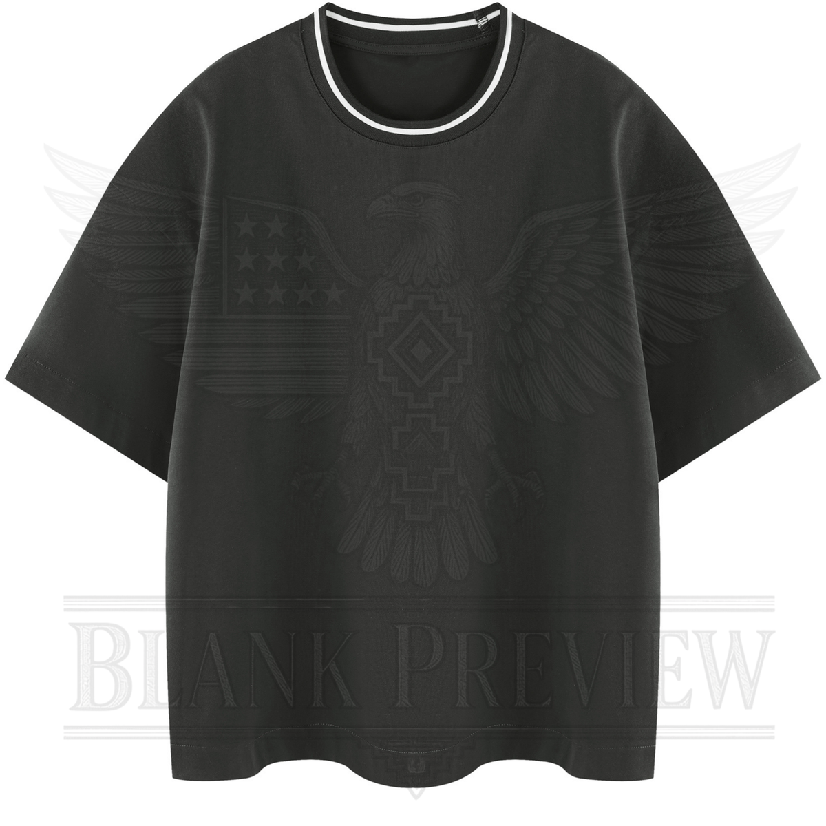 A black t-shirt with an eagle design printed on it.